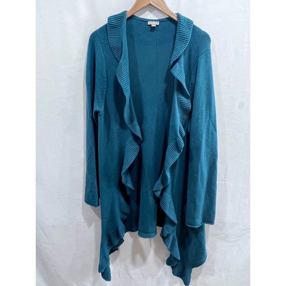 J. Jill Teal Blue Ruffle Waterfall Open Front Cardigan Sweater XL‎ Cotton Blend
